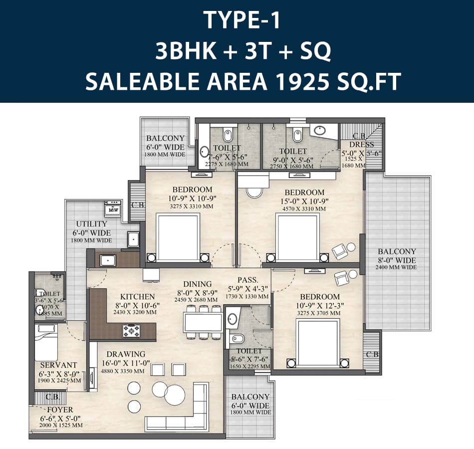 3 BHK + 4T + Servant